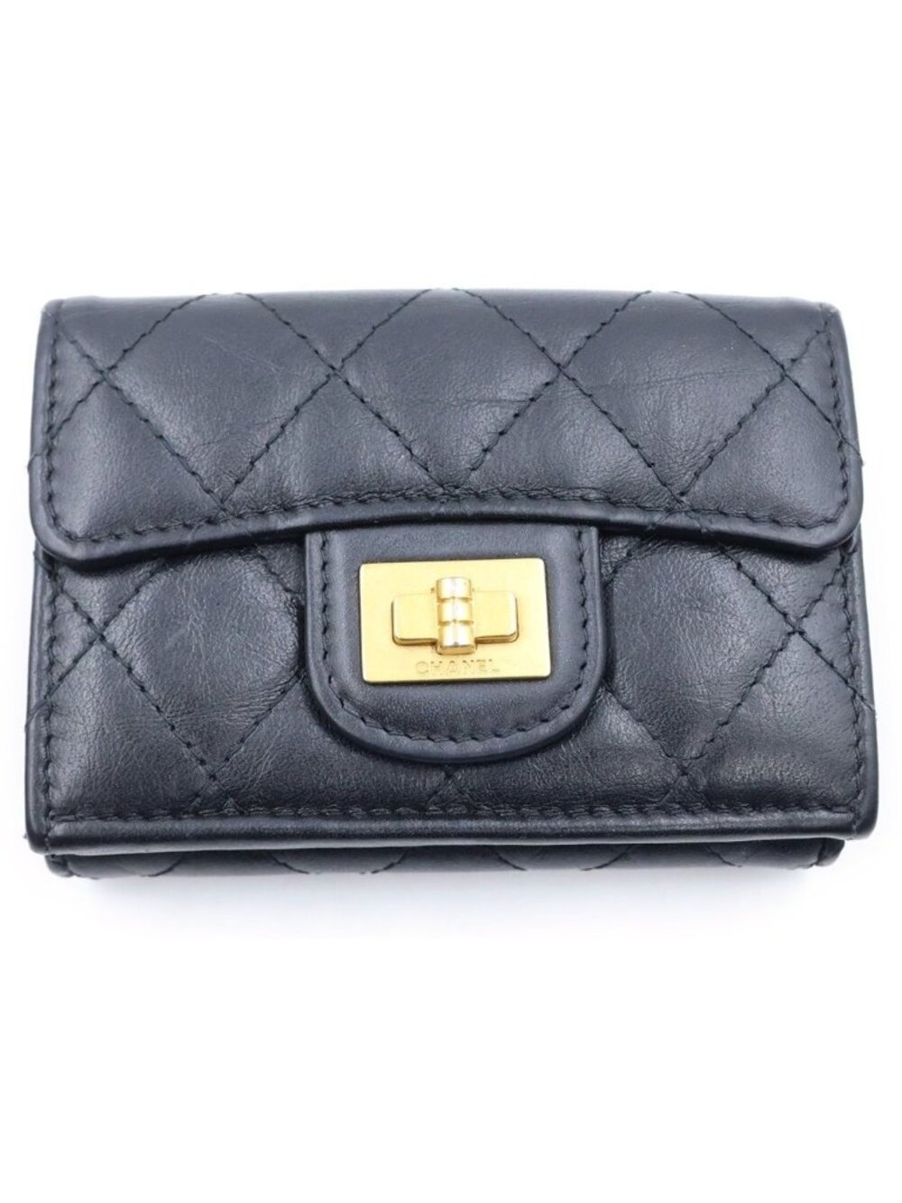 Chanel Quilted Compact Wallet Trifold Coin Purse Black Lambskin Gold